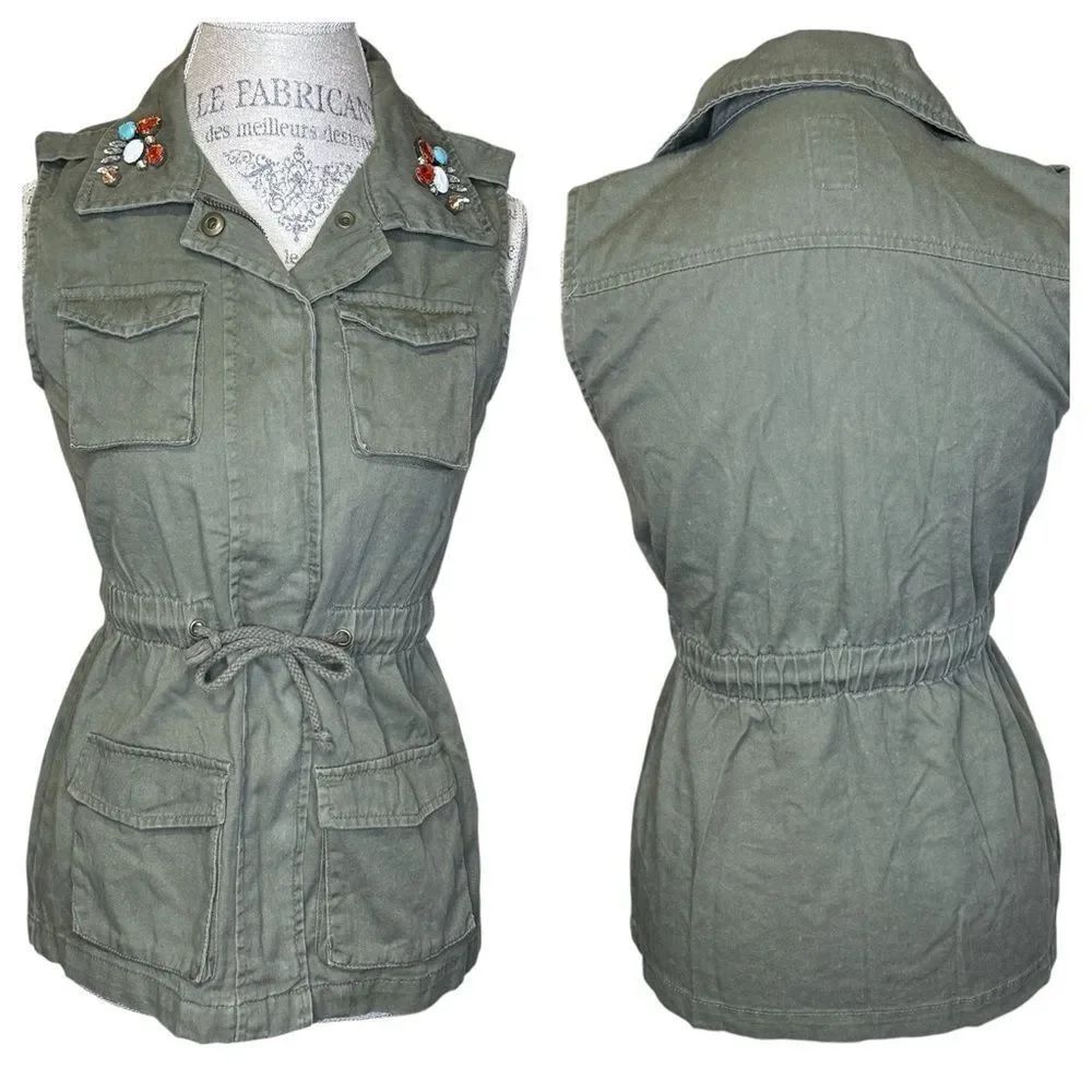 NWT Decree Women's Jeweled Utility Vest Jacket Olive Green Size S